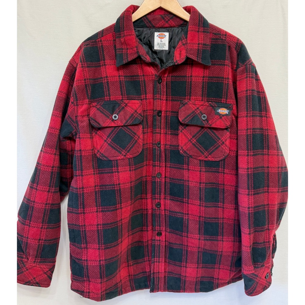 Dickies Mens Red Black Plaid Quilted Lined Shacket Fleece Jacket Large